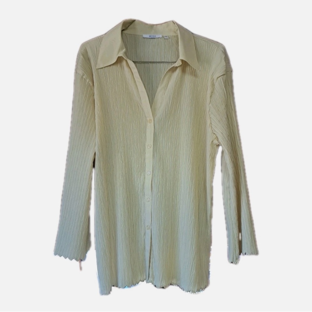 NICOLA Size L Butter Yellow Sheer Collared Crinkle Pleated Long Sleeve Blouse